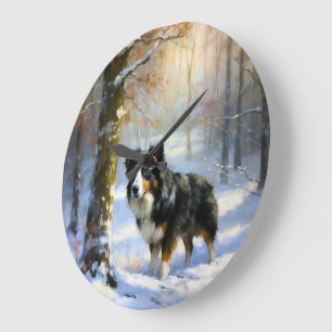 Grande Horloge Ronde Bordure Collie Laisser neiger Noël