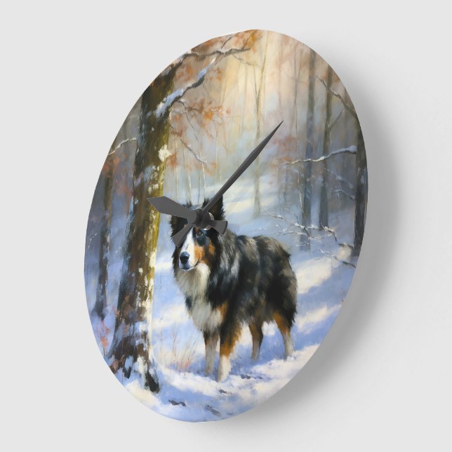 Grande Horloge Ronde Bordure Collie Laisser neiger Noël (Angle)