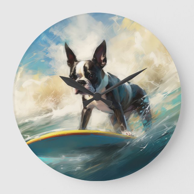 Grande Horloge Ronde Boston Terrier Beach Surfing Peinture (Recto)