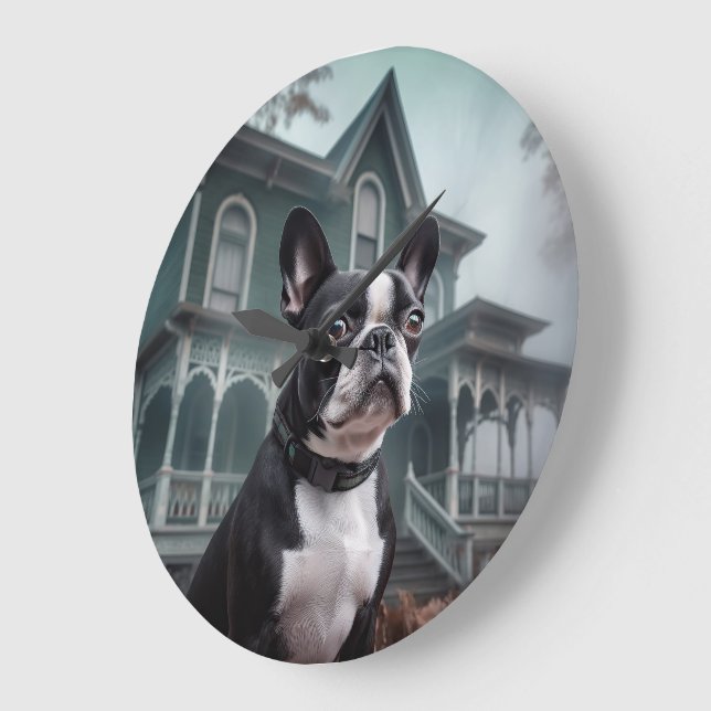 Grande Horloge Ronde Boston Terrier Halloween effrayant (Angle)