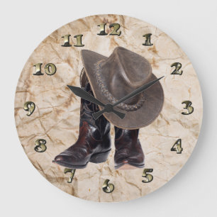 Grande Horloge Ronde Bottes et Casquette de cowboy
