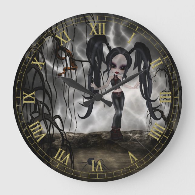 Grande Horloge Ronde Bouche murale vignette de fille gothique foncée (Recto)