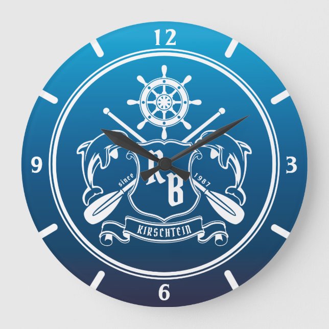 Grande Horloge Ronde Bouclier marin d'avirons de barre de dauphins (Recto)