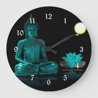 Grande Horloge Ronde Bouddha turquoise Méditant sous Pleine lune
