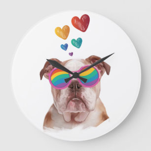 Grande Horloge Ronde Bouledogue anglais avec coeurs Saint-Valentin