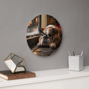 Grande Horloge Ronde Bouledogue avec lumières de Noël vacances