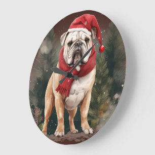 Grande Horloge Ronde Bouledogue dans la neige de Noël