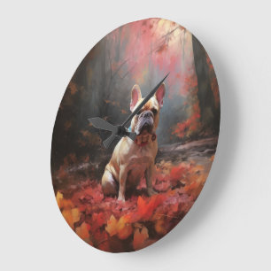 Grande Horloge Ronde Bouledogue français dans les feuilles d'automne qu