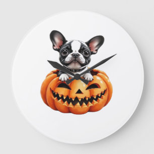 Grande Horloge Ronde Bouledogue français Joyeux Halloween citrouille T-