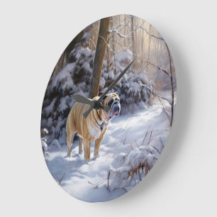 Grande Horloge Ronde Bouledogue Noël Laissé Tomber La Neige Brossé