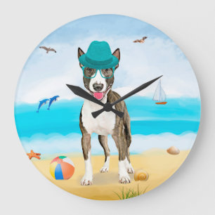 Grande Horloge Ronde Bouledogue Terrier sur la Plage