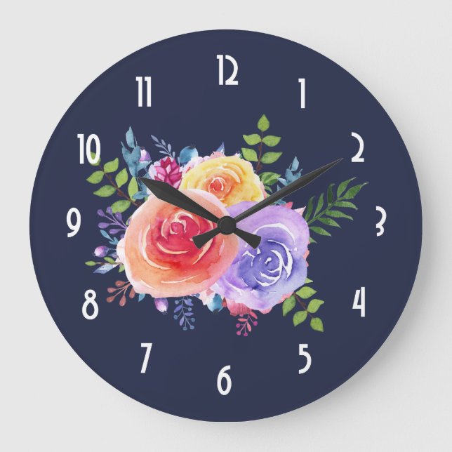 Grande Horloge Ronde Bouquet de fleurs Rose aquarelle (Recto)