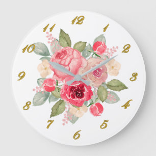 Grande Horloge Ronde Bouquet de roses peintes en rose et numéros en or 