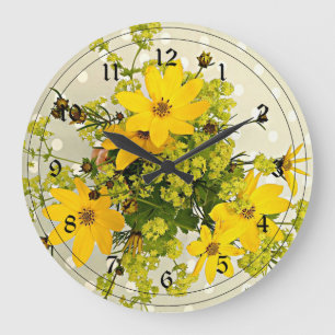 Grande Horloge Ronde Bouquet d'été, Jaune Vibrant