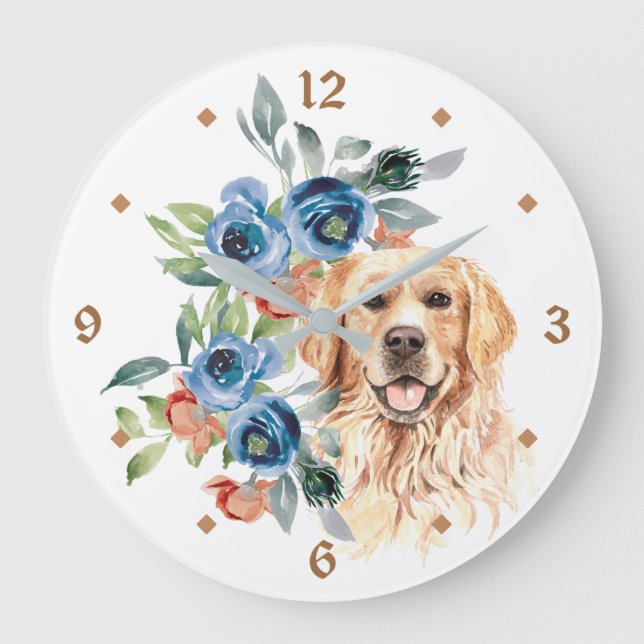 Grande Horloge Ronde Bouquet floral bleu Golden Retriever (Recto)