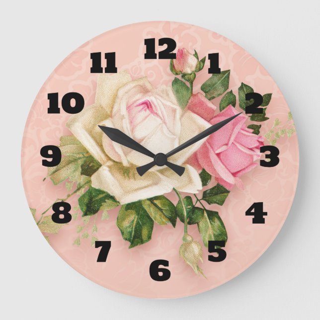 Grande Horloge Ronde Bouquet rose et rose blanche (Recto)