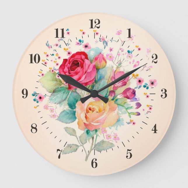 Grande Horloge Ronde Bouquet Vintage de Roses et de fleurs (Recto)