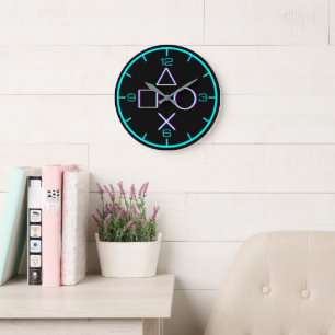 Grande Horloge Ronde Boutons de manette Art néon Glitch Gamer