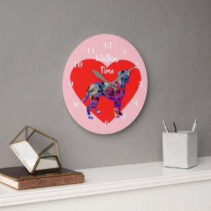 Grande Horloge Ronde Boxer Chien Silhouette Saint Valentin rose