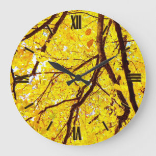 Grande Horloge Ronde Branches d'automne - jaune doré