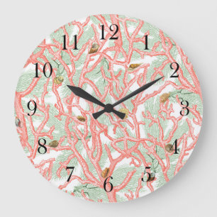 Grande Horloge Ronde Branches de corail avec coquillages Côtier