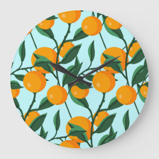 Grande Horloge Ronde Branches d'oranges, agrumes imprimé vintage.