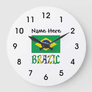 Grande Horloge Ronde Brésil et drapeau brésilien avec votre nom