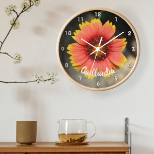 Grande Horloge Ronde Bright Orange Gaillardia Tournesol acrylique