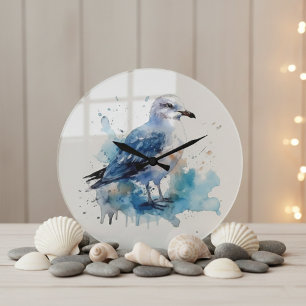 Grande Horloge Ronde Brise Océanique : Goéland à l'aquarelle