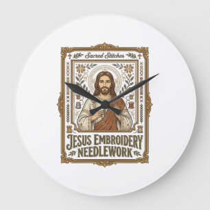 Grande Horloge Ronde Broderie Jésus Travail à l'aiguille Jésus Broderie