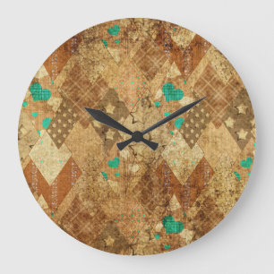 Grande Horloge Ronde Brown Grunge Quilt Stars Coeurs