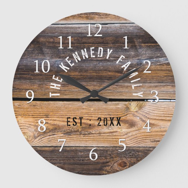 Grande Horloge Ronde Brown Pallet Wood Farmhouse Nom de famille (Recto)