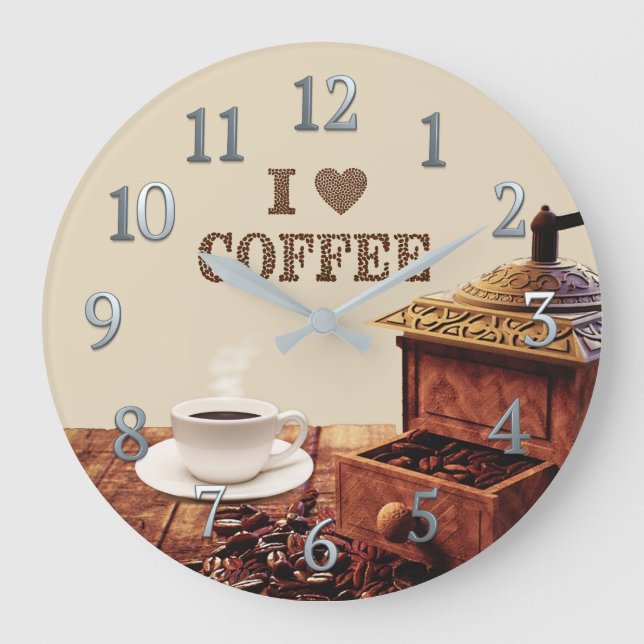 Grande Horloge Ronde Broyeur de café avec des grains de café d'amour (Recto)