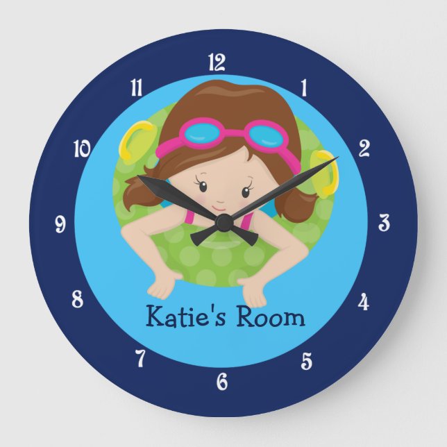 Grande Horloge Ronde Brunette Swim Team Girls Chambres Coutume Bleu (Recto)