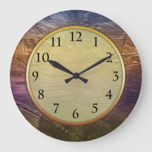 Grande Horloge Ronde Brush Strokes Abstrait Bronze Violet Métallique