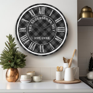 Grande Horloge Ronde Buffle Gris Et Noir Plaid Chiffres Romains Rustiqu