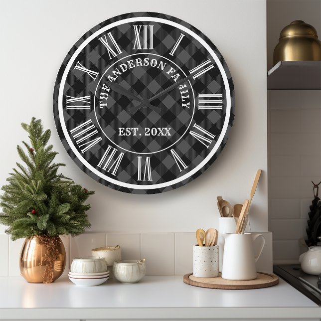 Grande Horloge Ronde Buffle Gris Et Noir Plaid Chiffres Romains Rustiqu (Créateur téléchargé)