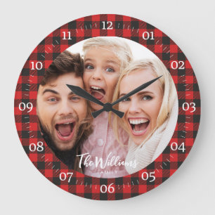 Grande Horloge Ronde Buffle photo de famille plaid avec script moderne