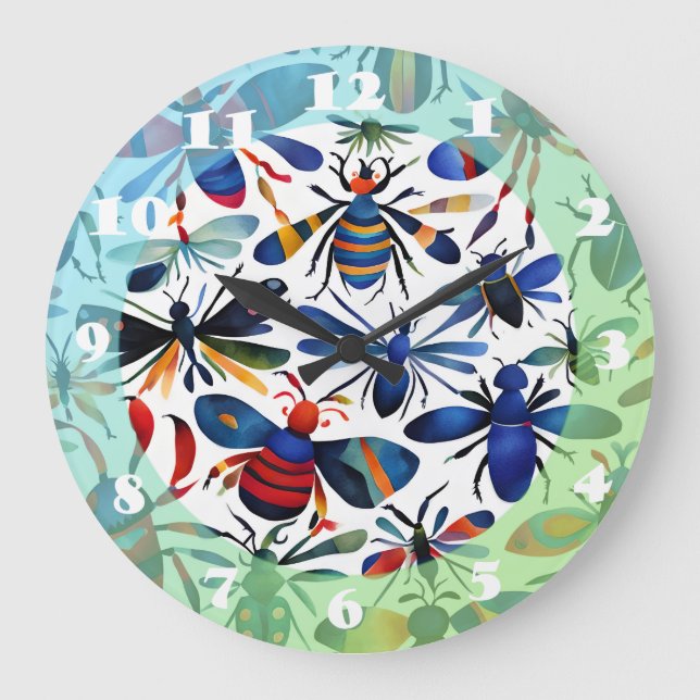 Grande Horloge Ronde Bugs Colorés Insectes Whimsical Art (Recto)