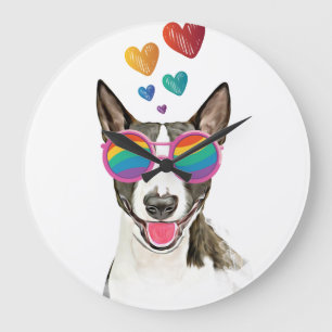 Grande Horloge Ronde Bull Terrier Chien avec Coeurs Saint-Valentin
