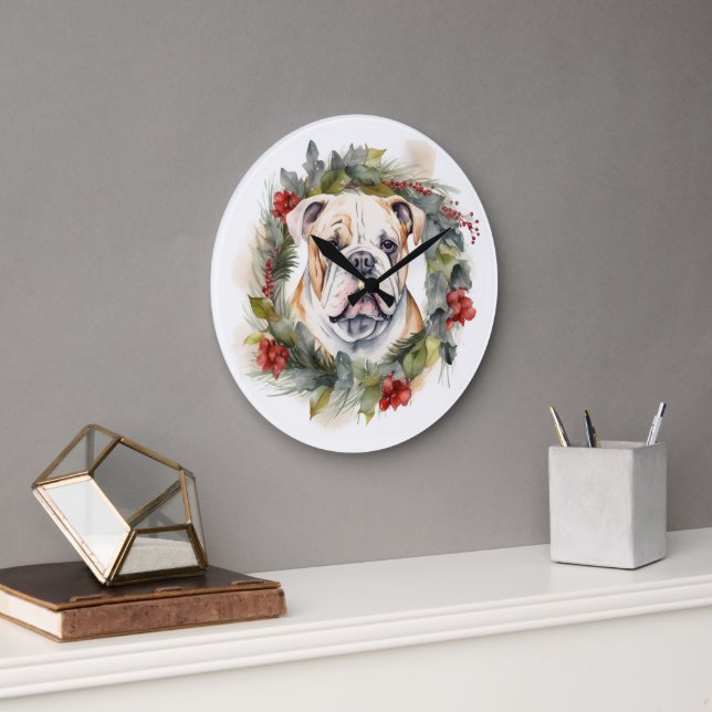 Grande Horloge Ronde Bulldog Christmas Wreath Festive Pup (Bureau)