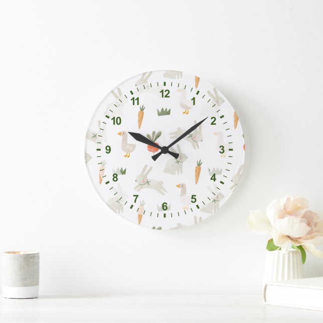 Grande Horloge Ronde Bunnies & Canards sur le Motif de ferme (Maison)