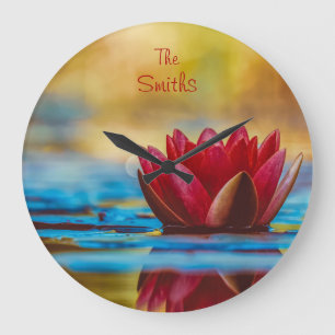 Grande Horloge Ronde Burgundy Red Water Lily *personalize*