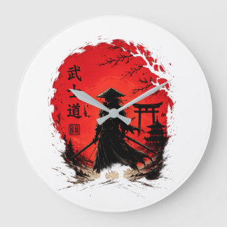 Grande Horloge Ronde Bushido Guerrier Samouraï Lune Rouge Japonais Vint