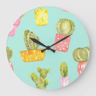 Grande Horloge Ronde Cactus épineux dans les pots, motif aquarelle.