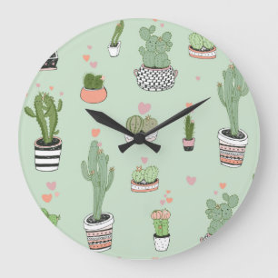 Grande Horloge Ronde Cactus Love : Joli Motif de dessin animé.