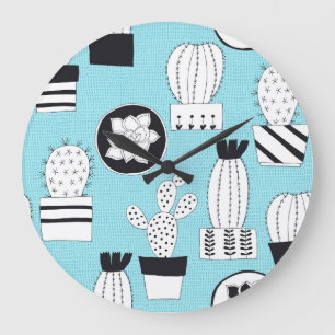 Grande Horloge Ronde Cactus, succulent : dessin manuel sans couture.