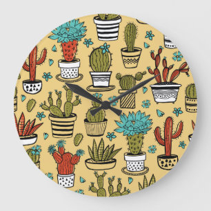 Grande Horloge Ronde Cactus Succulent : Esquisse tirée à la main