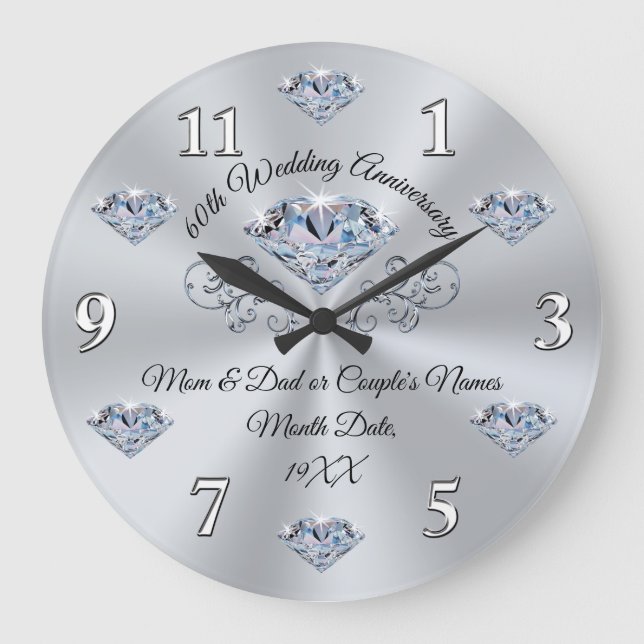 Grande Horloge Ronde Cadeau personnalisé de 60 ans Mariage Anniversaire (Recto)