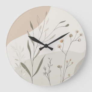 Grande Horloge Ronde Cadran botanique abstrait – Fleur sauvage minimale